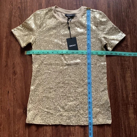 DKNY Sequined Gold T-Shirt Size XXS NWT - Picture 3 of 10